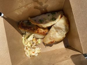 Half of the veggie potstickers (late picture.) Forgot to take a picture of the bowl too! All were very delicious ! at The Kitchen in Orcas Island