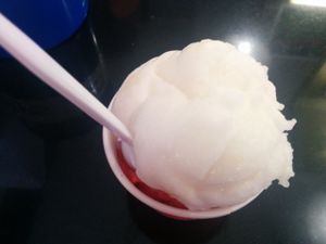 Pear sorbet, with strawberry sorbet in bottom of cup. Only vegan options are sorbets, usually two each day. at Cabarrus Creamery in Concord