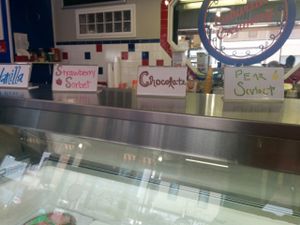 Featured flavors of the date, in addition to regular flavors in case. Only vegan options are sorbets.  at Cabarrus Creamery in Concord