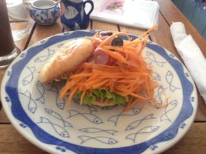 Hummus & olive bagel at Epic Arts Cafe in Kampot