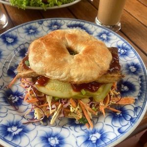 Korean Spiced Tofu Bagel (Vegan) at Epic Arts Cafe in Kampot