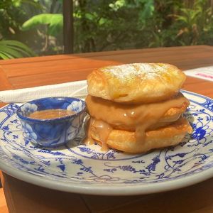 Vegan Banana Pancakes with Homemade Caramel Sauce at Epic Arts Cafe in Kampot