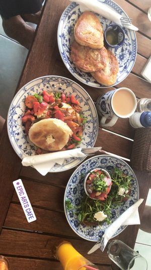 Pancakes, veg bagel, corn cakes at Epic Arts Cafe in Kampot