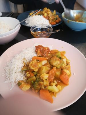 Veg curry (medium spice requested) with rice and lime pickle at Nirvana Cafe in Luxembourg City