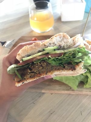 The earth burger cut  at Lafew Teahouse and Kombucha Bar  in Cairns
