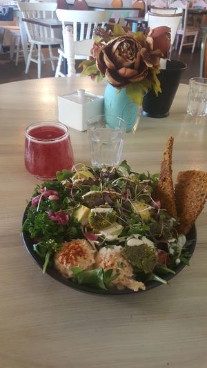 Falafel sprout bowl and dragon fruit kombucha at Lafew Teahouse and Kombucha Bar  in Cairns