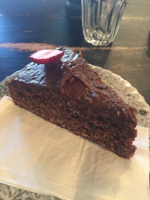 Vegan cacao coconut cake (so moist and fluffy) at Lafew Teahouse and Kombucha Bar  in Cairns