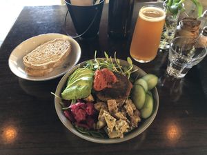 Earth bowl W side of spelt bread + avo; lavender kombucha at Lafew Teahouse and Kombucha Bar  in Cairns