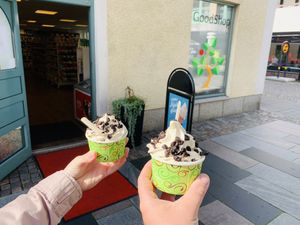 outside with vegan icecream at GoodShop in Vaxjo