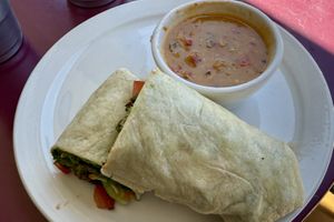 Animas Valley wrap with green chile side  at Raider Ridge Cafe in Durango
