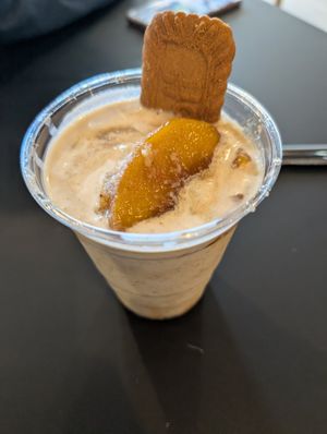 Peach dessert at The Green Ape Gourmet Vegan in Chicago