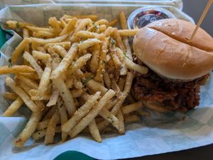 Hot chicken sandwich at The Green Ape Gourmet Vegan in Chicago
