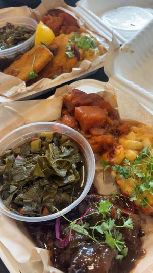 soul food plate with oxtail and fish   at The Green Ape Gourmet Vegan in Chicago