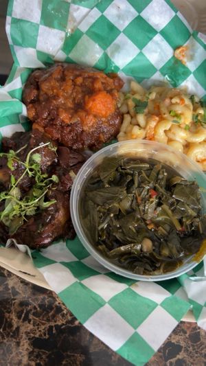 Soul Food Plate with Oxtails! Yummy!!! 10/10  at The Green Ape Gourmet Vegan in Chicago