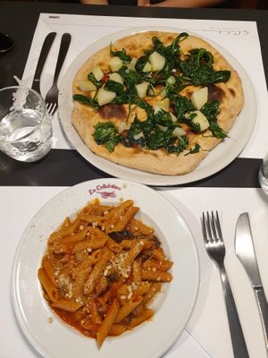 Wholemeal pasta with norma sauce (aubergines), Focaccia with spinach and potatoes at La Colubrina in Milan