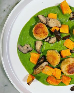 Bites of tavo beans on creamed broccoli, diced yam and crunchy shiitake at La Colubrina in Milan