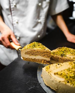 Soft, light and creamy coconut, coffee and pistachio cake at La Colubrina in Milan