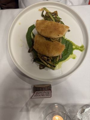Celery root slices with a cream broccoli, turnip tops, zucchini, and sautéed shiitake mushrooms 👍🏼  at La Colubrina in Milan