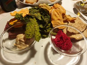 Dips and dehydrated vegetables at La Colubrina in Milan