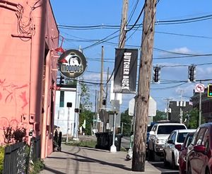 On E. Main Street. street parking .. there are a couple spots reserved for MoonDog patrons at the corner at MoonDog in Louisville