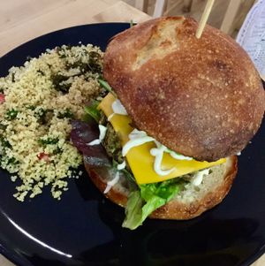 Delicious burger at HappyFood by YogaHub in Dublin