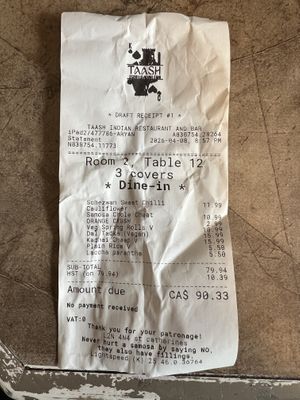 Our receipt  at Taash - Indian Restaurant and Bar in St Catharines