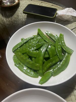 Snow peas  at Reunion Cafe Luang Prabang in Luang Prabang