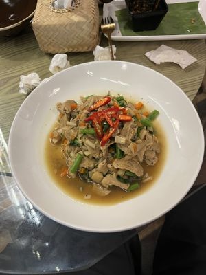 Stir fried basil and vegan chicken   at Reunion Cafe Luang Prabang in Luang Prabang