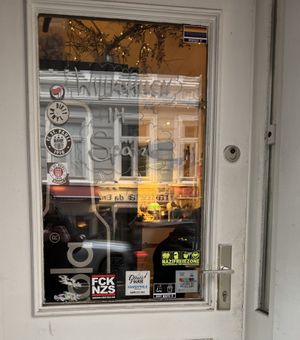 Entrance and 'Fuck Nazis' sticker, much appreciated!  at Zum Spätzle in Hamburg
