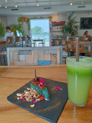 Spirulina cheesecake and a very green juice. at Wild Beets in Ibiza