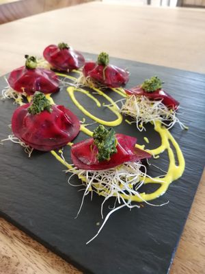 Colorful beetroot & cashew ravioli at Wild Beets in Ibiza