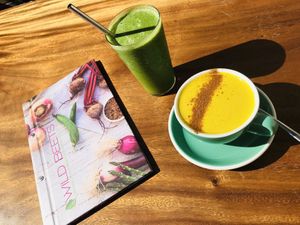 My favorite delicious golden milk and a green power smoothie  at Wild Beets in Ibiza