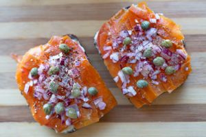 'Not Salmon' tostada on Gluten free toast. at Wild Beets in Ibiza