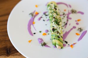 Avocado roll with kimchi, sesame seed and red cabbage puré at Wild Beets in Ibiza