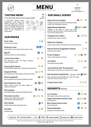 English menu April 2026  at Cru - Cucina Rustica Urbana in Toscana