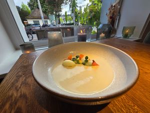 White asparagus soup. at Marktkuche in Zurich