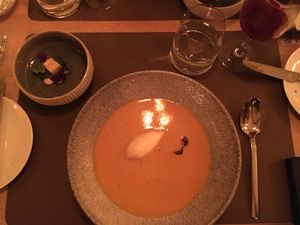 Pumpkin soup with pear and celeriac at Marktkuche in Zurich