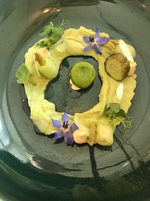 Cucumber and Spruce - pickled, sphere, leek, blossoms at Marktkuche in Zurich
