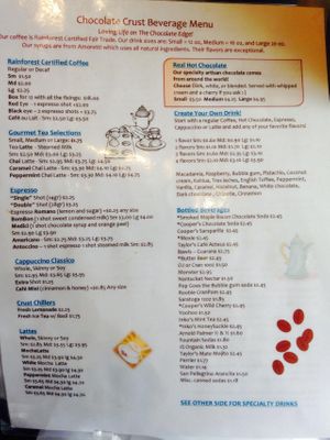 Beverage menu at Chocolate Crust in Washington