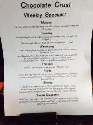 Example of weekly specials at Chocolate Crust in Washington