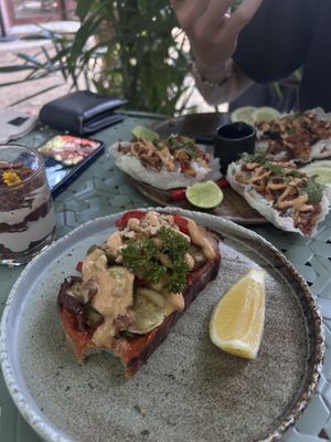 roasted veg sandwich und pad krapao boats  at The Quarter - Creative Space Café in Surat Thani