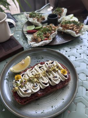 tomato ricotta sandwich und pad krapao boats  at The Quarter - Creative Space Café in Surat Thani