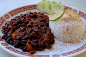 black beans in a chilli sauce with basmati rice at Bio Sound System in Venice