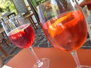 Wine, beer, and cocktails available (pictured: Campari spritz and Aperol spritz) at Bio Sound System in Venice