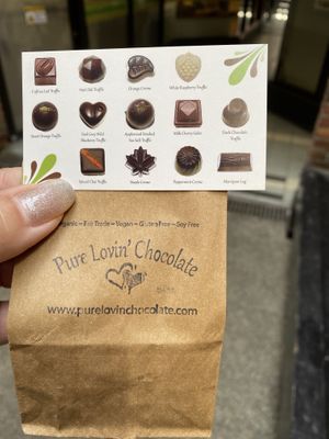 Our bag of chocolates and the card that identifies them  at Pure Lovin' Chocolate in Victoria