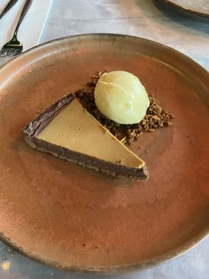 Chocolate/miso cake with vanilla ice-cream. It is served with smoke and tasty  at Mr Watson in Amsterdam