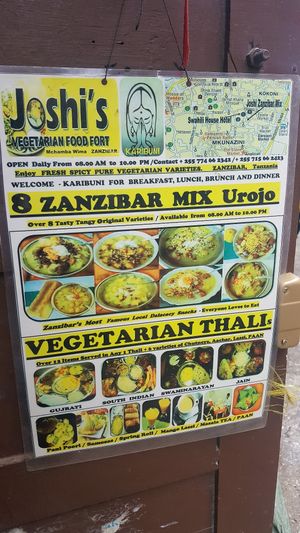 Joshi's menu at Joshi's Vegetarian Food Court in Zanzibar