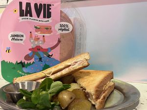 Vegan croque monsieur with plan based la vie TM ham at Little Big cafe Rouen in Rouen