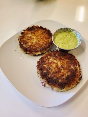 Potato cakes with creamy lime cilantro sauce at Baagan in San Ramon