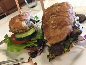 Burger portions, decent. No fries ‘cause health   at Baagan in San Ramon